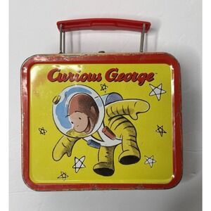 Vintage Curious George Astronaut Mini Tin Lunch Box Stars Rocket Space Collector